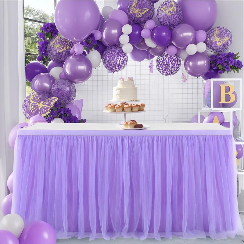 Suppromo 6ft Purple Table Skirt for Baby Shower Girl Tulle Tutu Table Skirt Rectangle Purple Table Cloth for Parties Butterfly Mermaid Birthday Wedding Cake Dessert Desk Skirt Decorations - Image 1